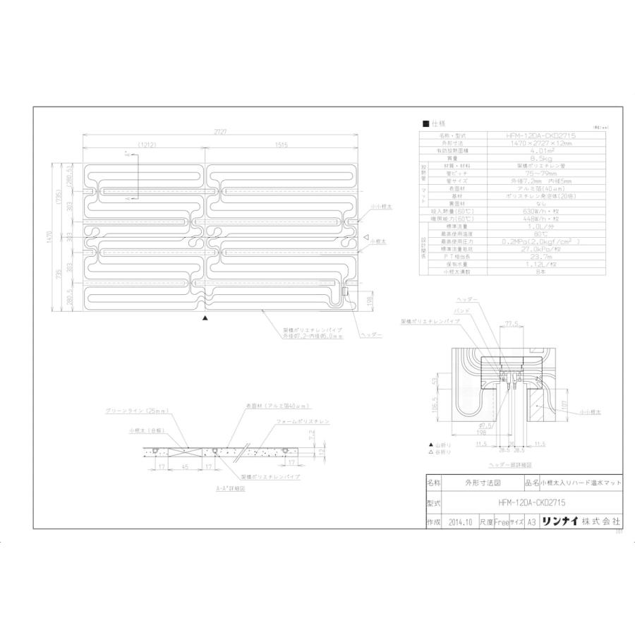 【HFM-12DA-CKD2715】 リンナイ 床暖房 小根太入り温水マット 新築向け 水温60度 яб∠