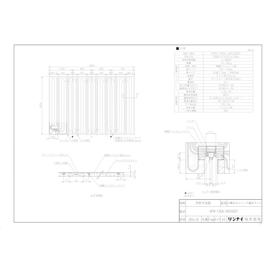 【HFM-12EA-SKD1827】 リンナイ 床暖房 小根太入り温水マット 新築向け 水温60度 яб∠