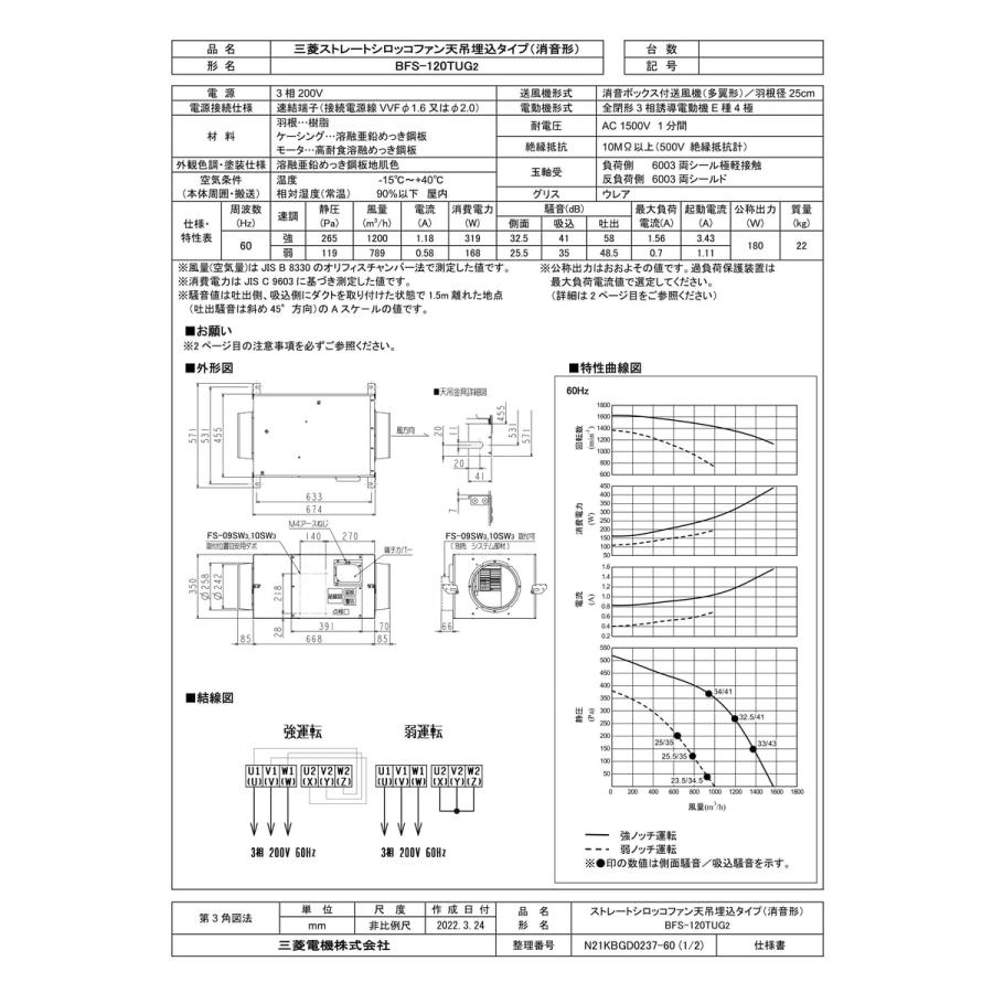 三菱電機（MITSUBISHI ELECTRIC） 【BFS-120TUG2】 ストレートシロッコ