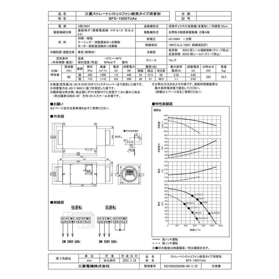 三菱電機 BFS-150STUA2 シロッコファン 三菱電機（MITSUBISHI ELECTRIC） 【BFS-150STUA2】 ストレート