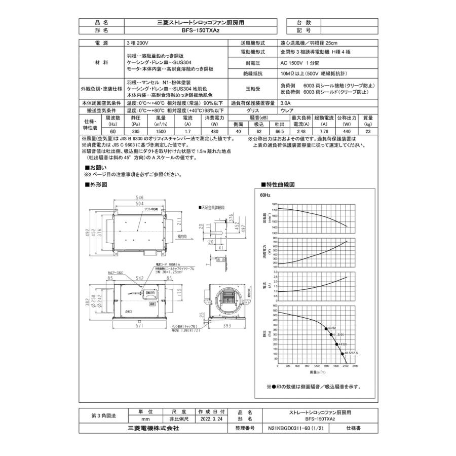 三菱電機（MITSUBISHI ELECTRIC） 【BFS-150TXA2】 ストレートシロッコ