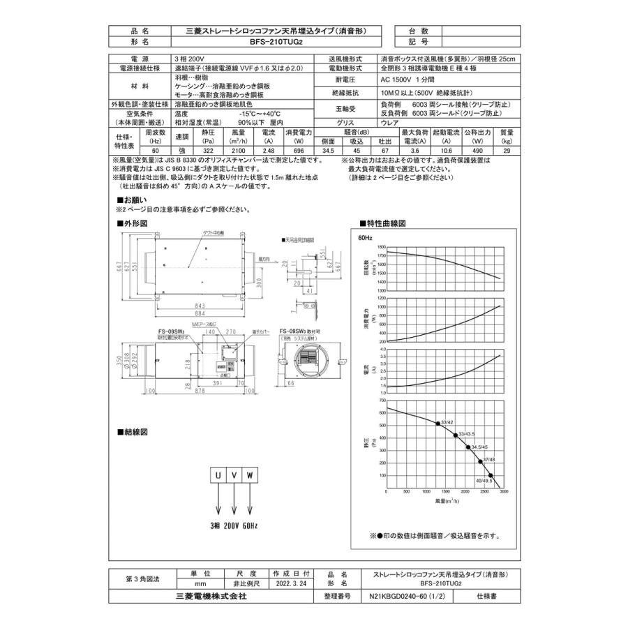 エアコン本体 BFS-210TUG2 楽天市場】BFS-210TUG2 三菱 MITSUBISHI 産業用送風機 [本体