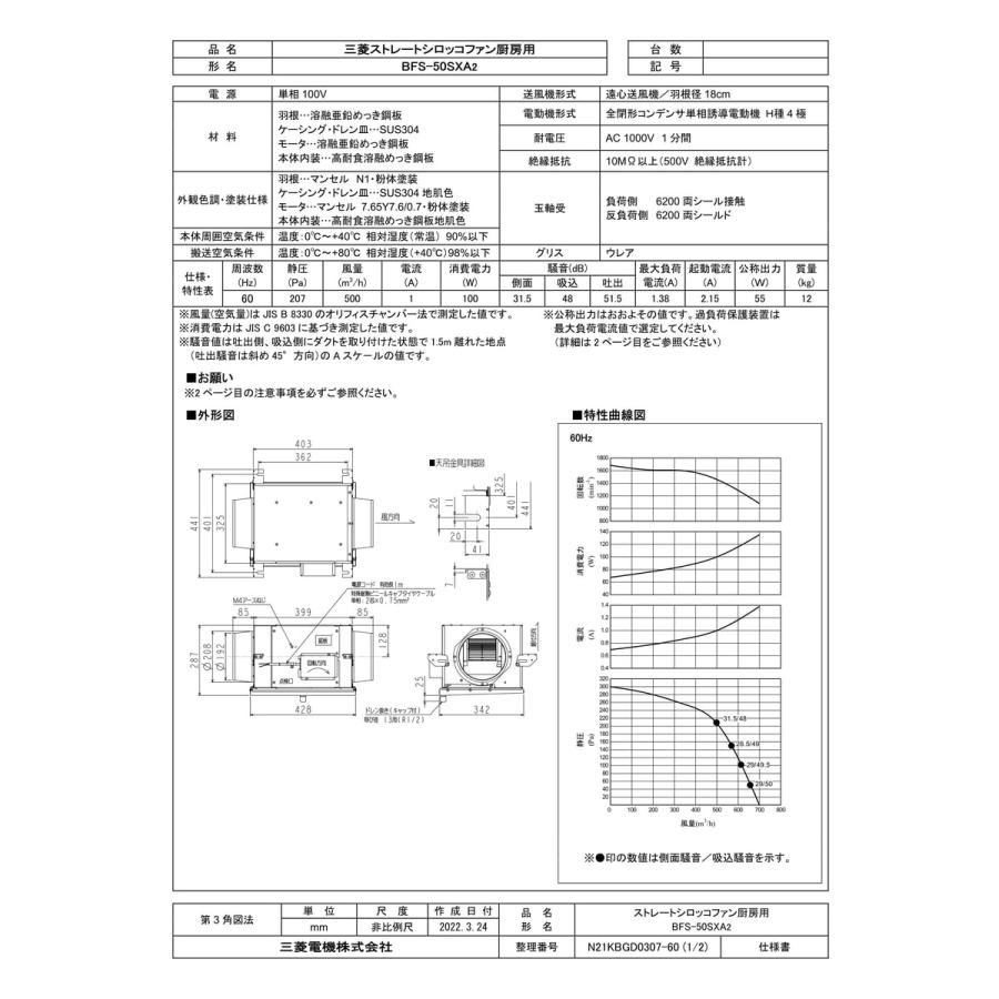 三菱電機（MITSUBISHI ELECTRIC） 【BFS-50SXA2】 ストレートシロッコ