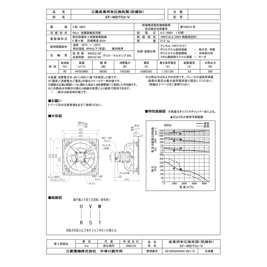 三菱電機（MITSUBISHI ELECTRIC） 【EF-40DTC2-V】 有圧換気扇 防爆形 