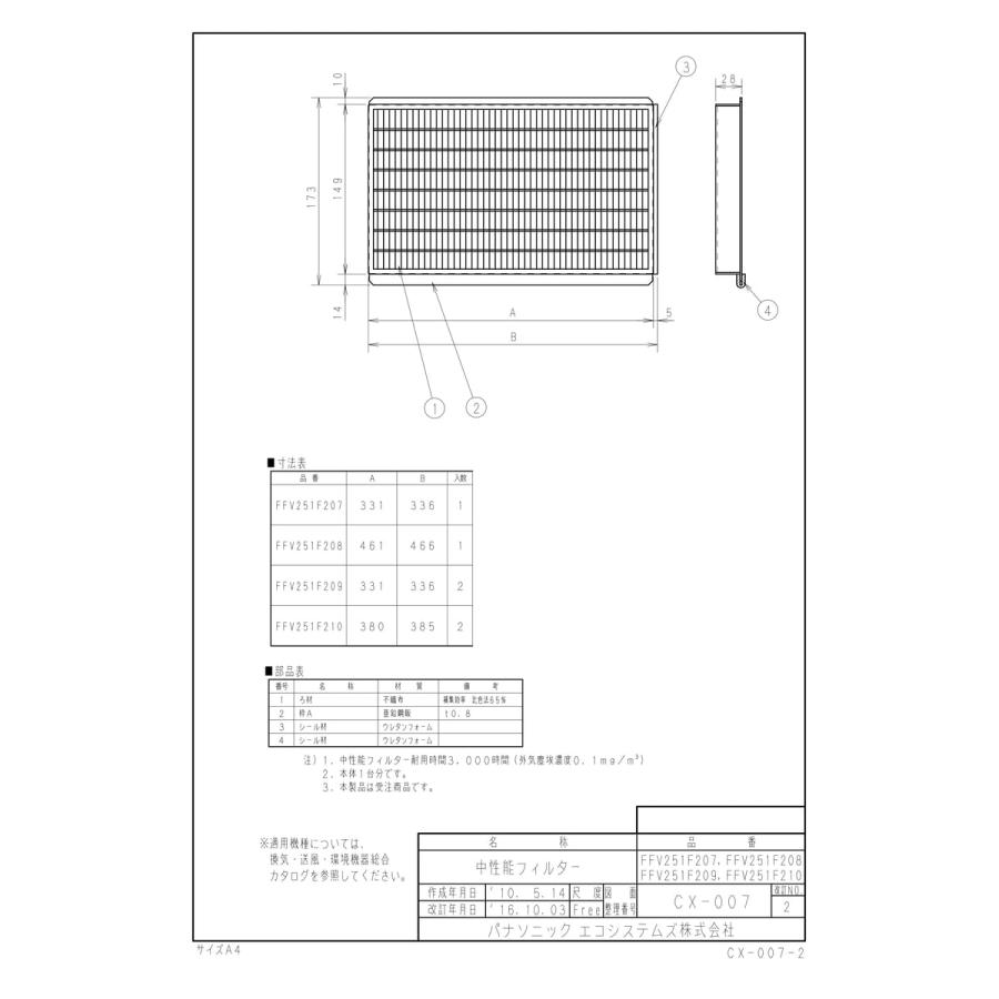 【FFV251F210】 パナソニック 部材 中性能フィルター яэ∀の画像