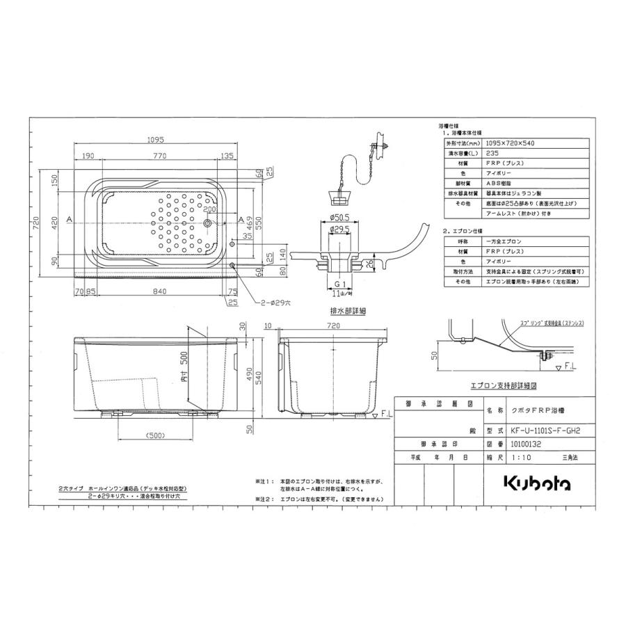 【KF-U-1101S-F-GH2】 クボタ FRP浴槽 1方全エプロン ホールインワン適応品(デッキ水栓対応型) ホワイト・アイボリー яв∠｜biy-japan｜04