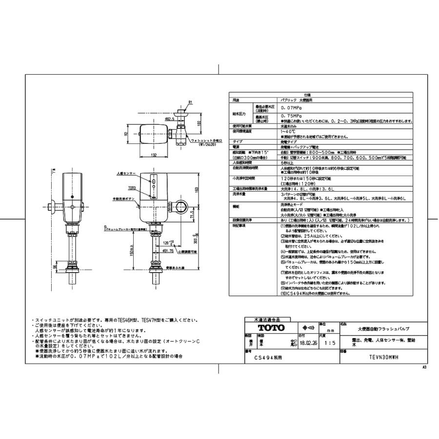【TEVN30MWH】 TOTO 大便器自動フラッシュバルブ（露出、発電、人体センサー有、壁給水） яг∀_1