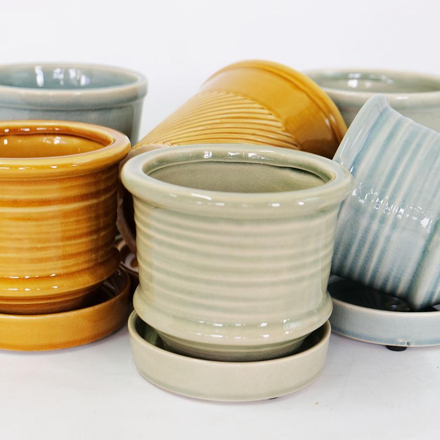 陶器 植木鉢 おしゃれ Sentir 受皿付 釉薬鉢 陶器鉢 径13.5cm 高12.5