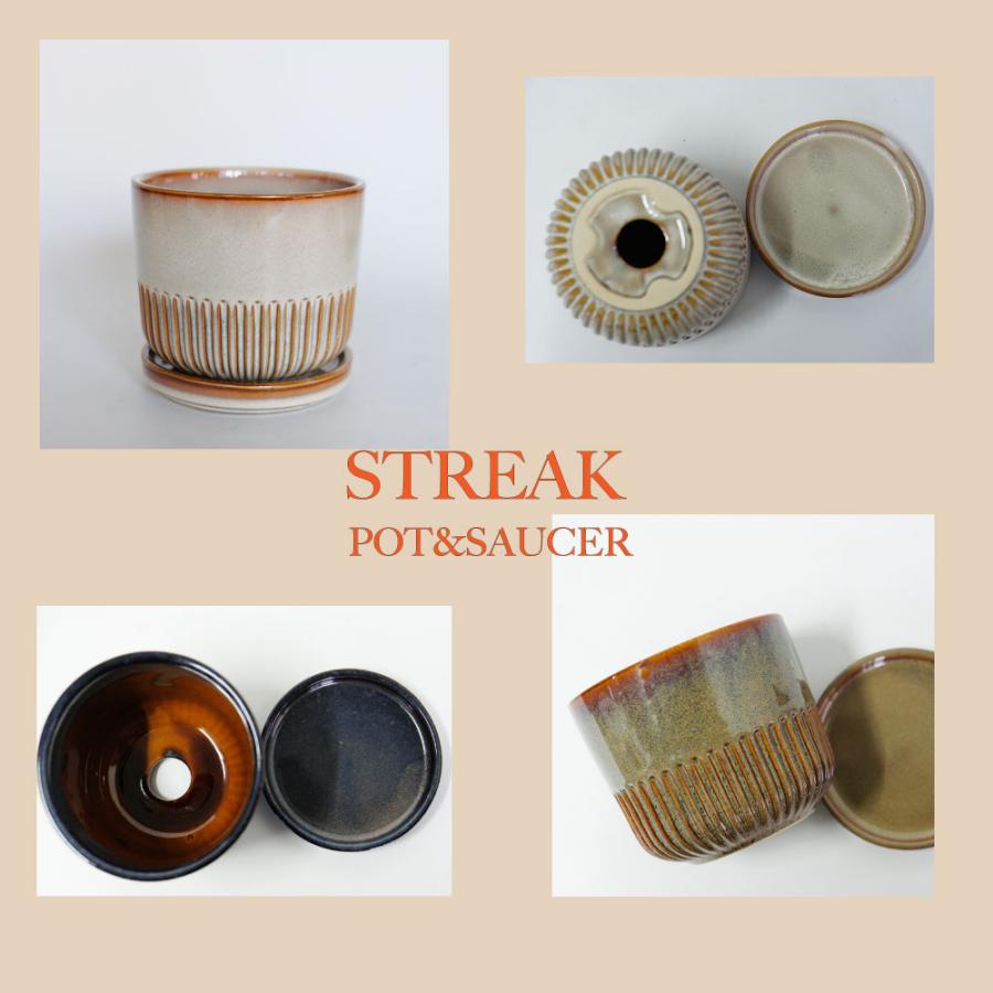 植木鉢 おしゃれ STREAK POT & SAUCER 12cm 4号 陶器鉢 受皿付 シック