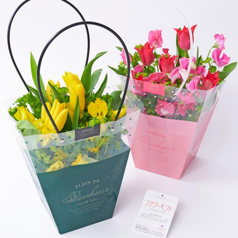 花束 ブーケ スイートピー 春の花束 黄色 ピンク系 春仕様ラッピング フラワーバッグ付