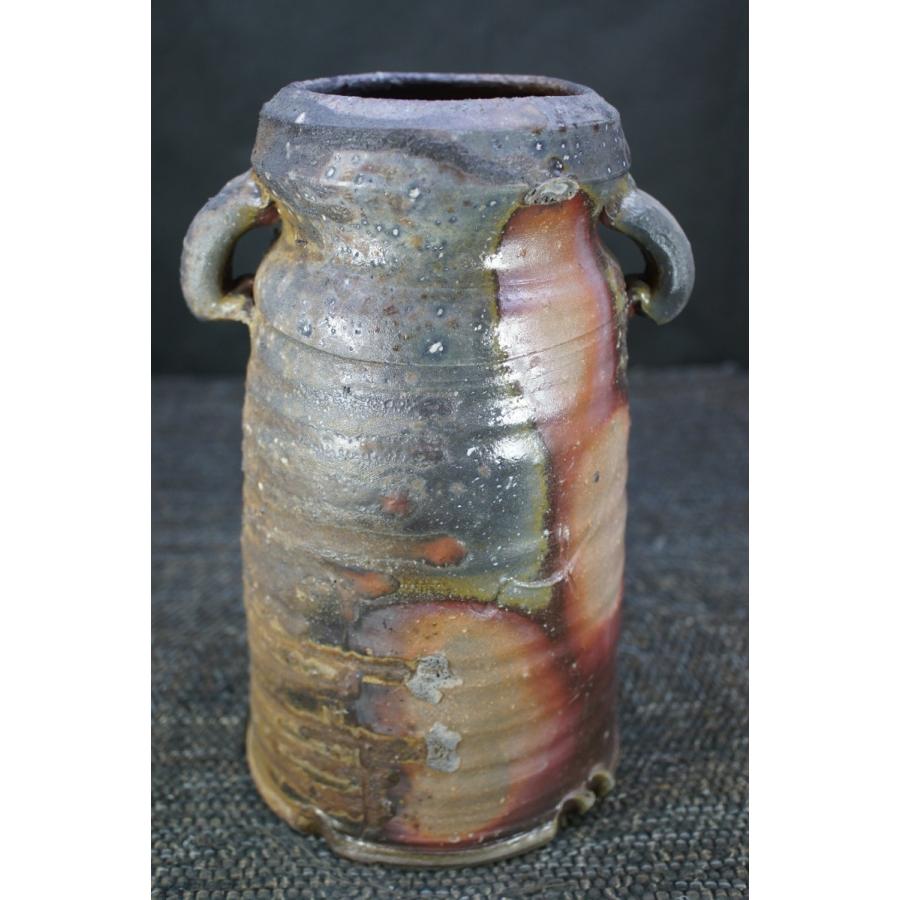 備前焼窯変流れ胡麻耳付花入　川野展靖作　NOBU=130010