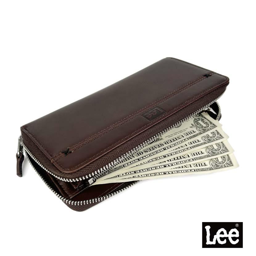 ブラウン Lee リー クロスステッチ ラウンド 長財布 リアルレザー0691 Lee（リー） 財布 メンズ 長財布 本革 ラウンドファスナー クロス