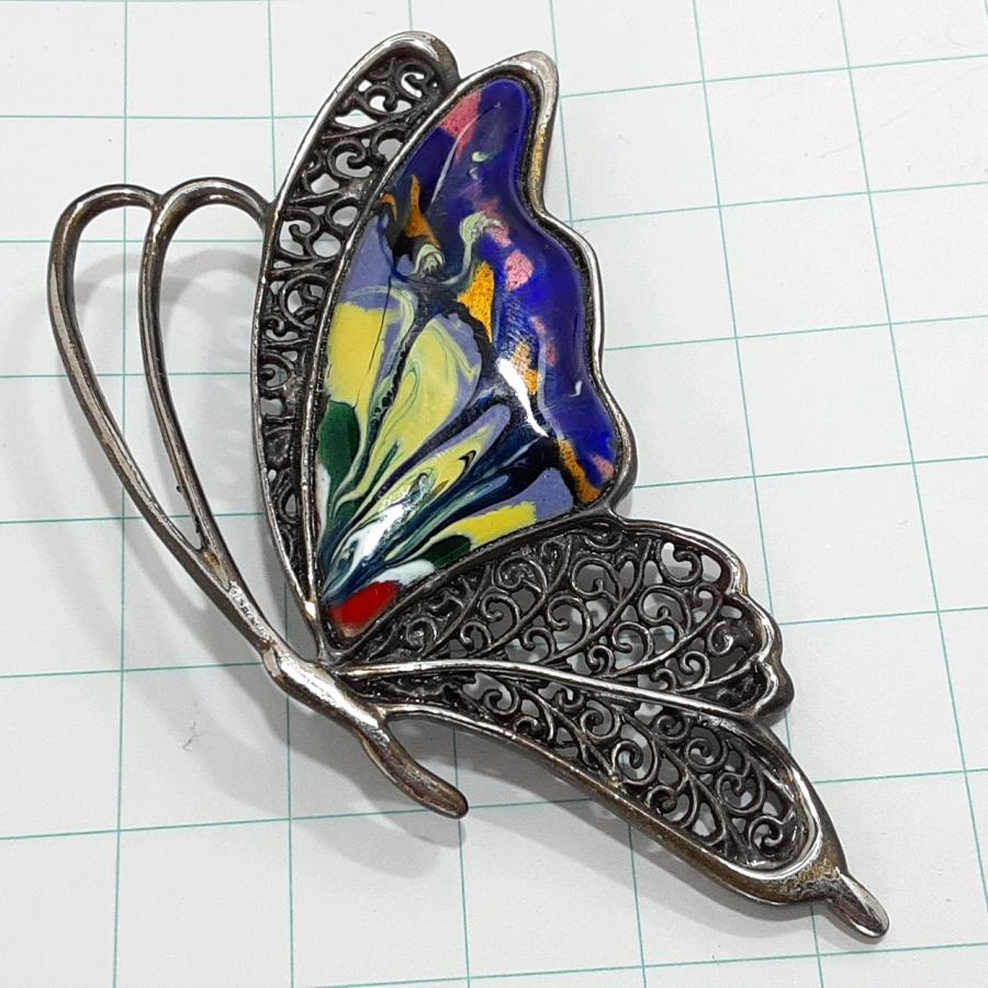 送料無料)ビンテージ☆七宝焼き 蝶モチーフ☆アンティーク ブローチ