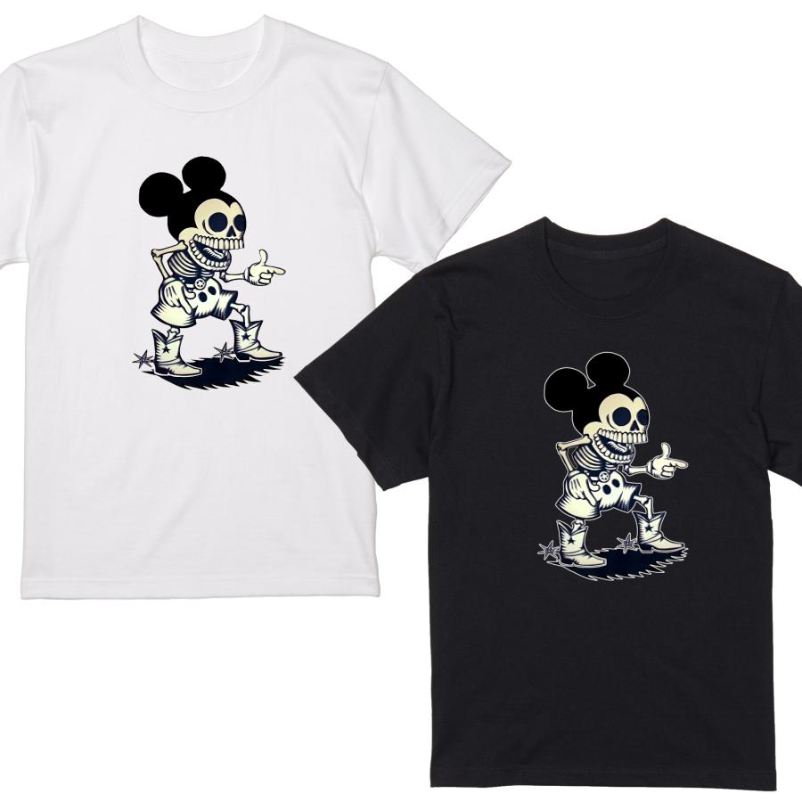 マウス ガイコツ ドクロ スカル ネズミ Tシャツ 半袖 白 黒 ギャグ