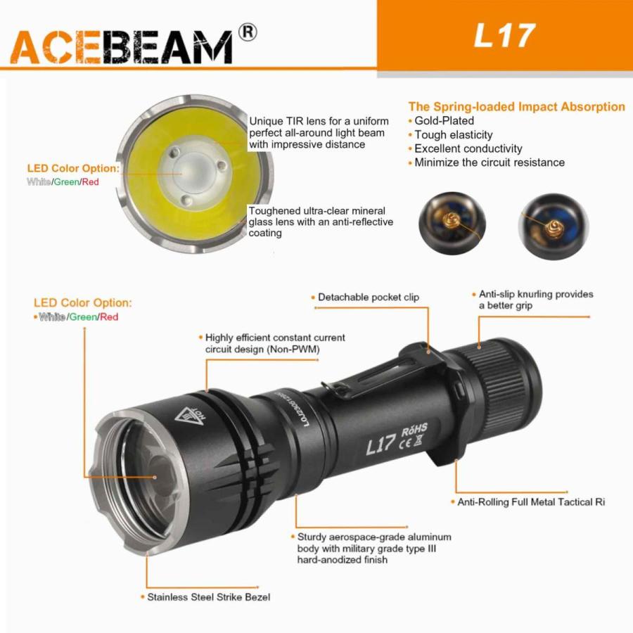 ACEBEAM L17 LEDハンディライトエースビーム ブラック 充電式 防水IPX8