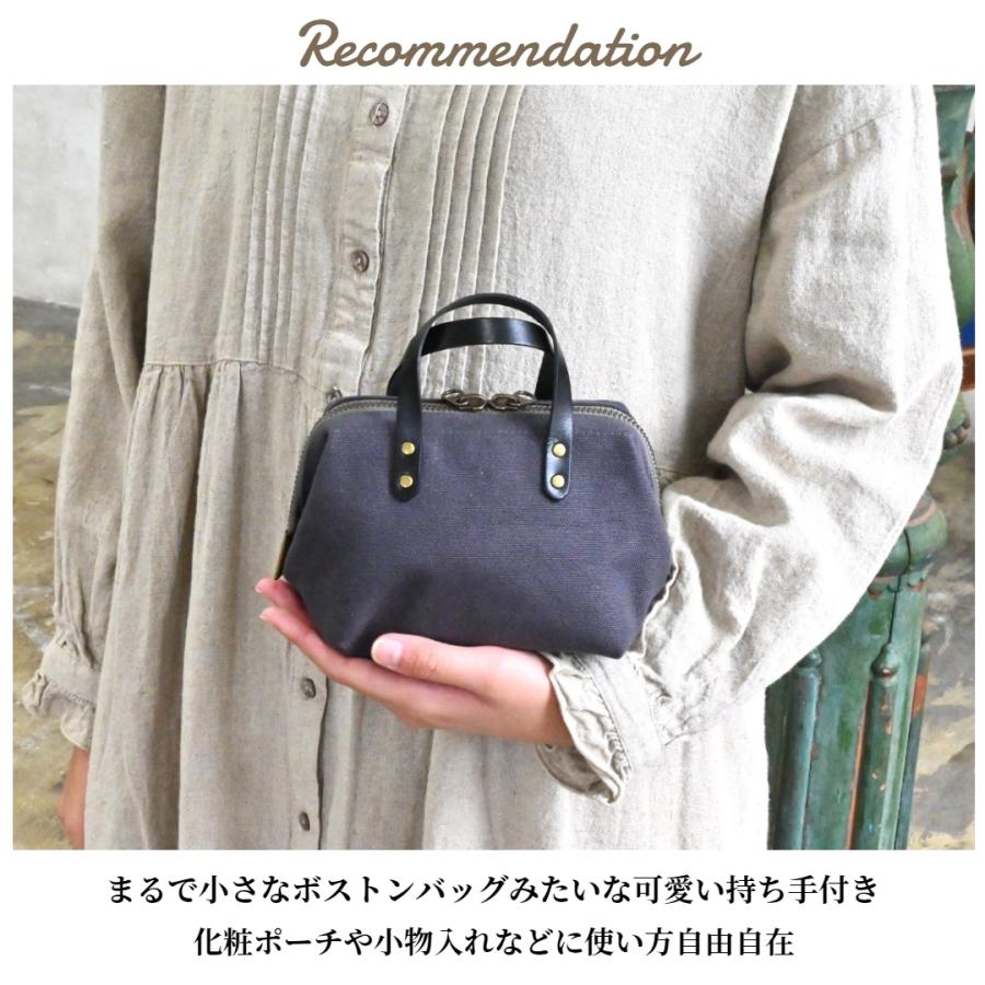 襤褸古布　ミニボストン　ハンドメイド 帆布ミニボストンポーチ チャコールグレー×選べる本革持ち手6色