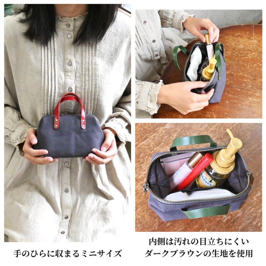 ミニボストンポーチ 帆布ミニボストンポーチ チャコールグレー×選べる本革持ち手6色