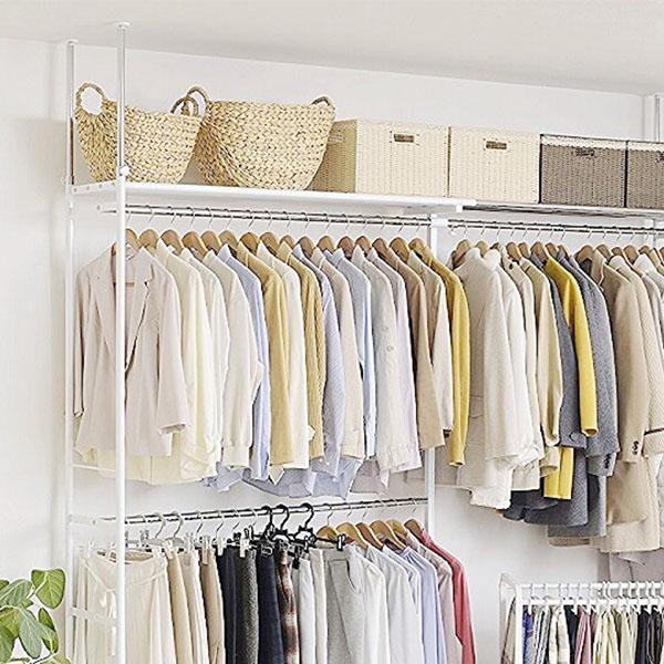 突っ張り ハンガーラック 頑丈 スリム 2段 奥行45 収納 棚付き 収納
