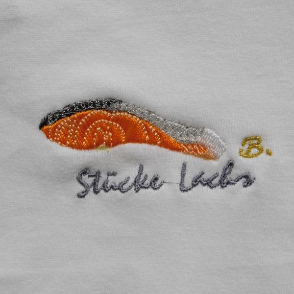 鮭の切り身の刺繍入りオリジナルTシャツ 6.2オンス 男女兼用 魚 釣り