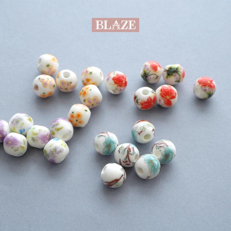 BLAZE 6個入り 陶器ビーズ フラワー 8mm 花 花柄 丸玉 ラウンド とんぼ