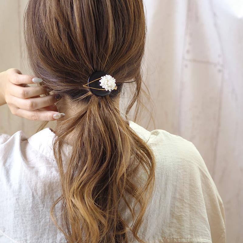 BLAZE ポニーフック ウッド パールビーズ ゴールドパーツ ヘアフック