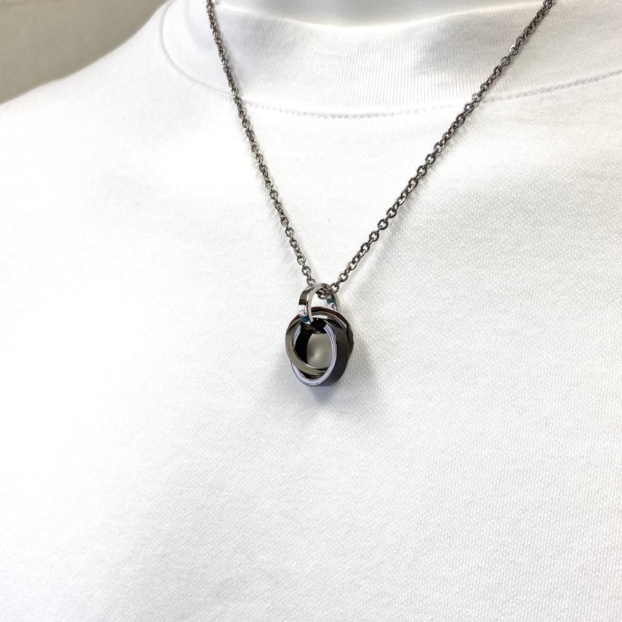 3連リングネックレス ブラック ステンレス アクセサリー メンズ