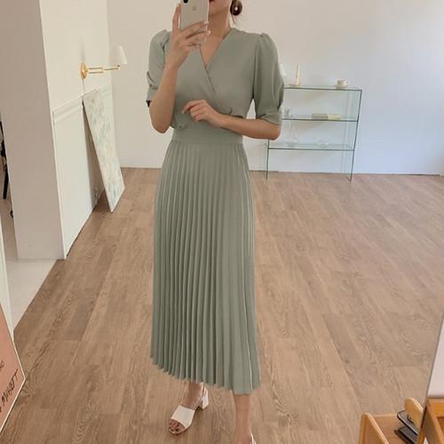 グリーン Mサイズ ワンピース レディース ミモレ丈 プリーツスカート ハイウエスト セミフォーマル 半袖 五分袖 早い者勝ち