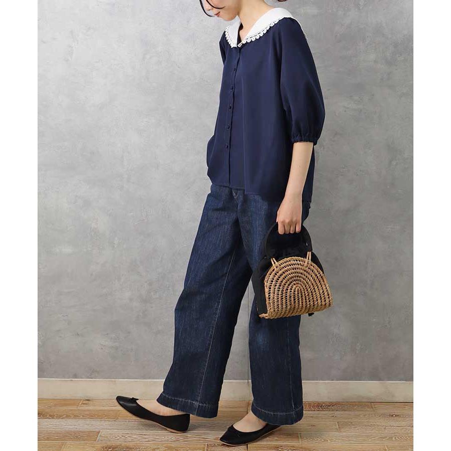 パフスリーブブラウス　鍵編みレースの可愛い丸襟　秋口　お値下げ パフスリーブnobleなフレアブラウス 鍵編みレースの可愛い丸襟