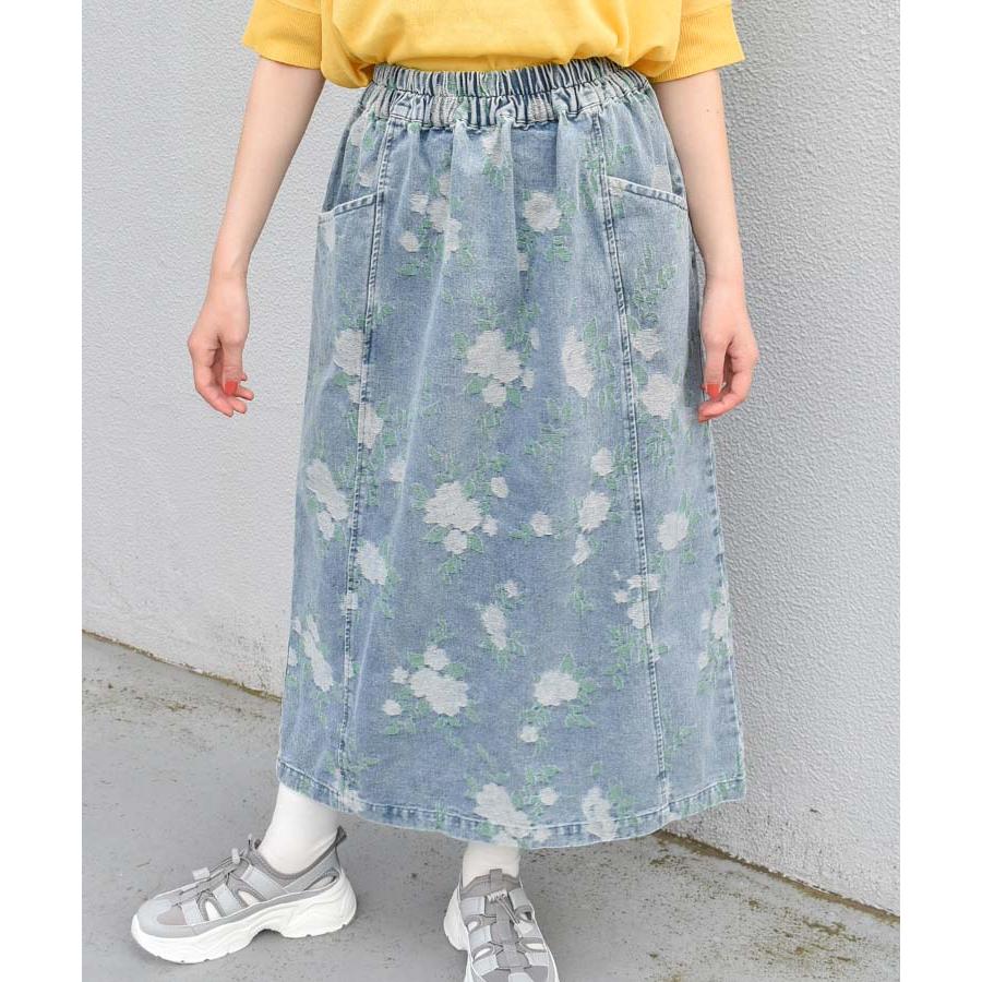 デニムスカート ロング ミモレ レディース ボトムス Aライン おしゃれ 花 フラワー バンダナ 夏コーデ フリーサイズ ゴム プレゼント 柄デニムスカートの画像