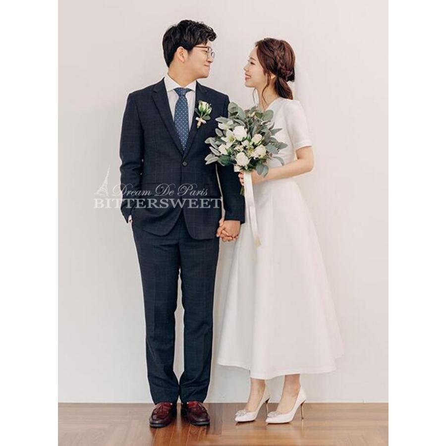 ウェディングドレス ミモレ丈 ウエディングドレス ワンピース Aライン ミモレ Vネック 編み上げタイプ 前撮り 後撮り 披露宴 結婚式 S Xl Wd142 Wd142 Blingbling 通販 Yahoo ショッピング