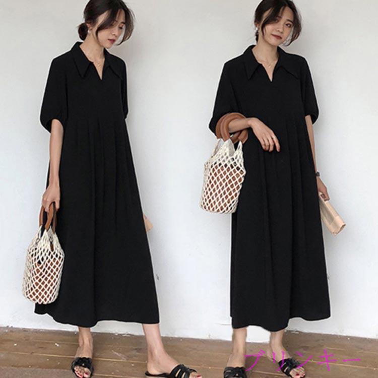 襟付き ワンピース 半袖 黒 体型カバー Aライン 冠婚葬祭 着痩せ