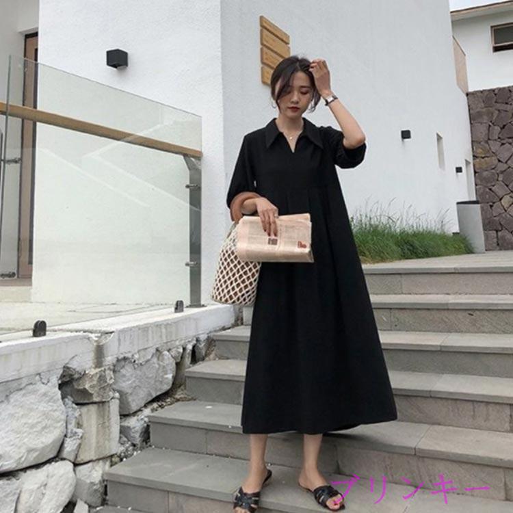 襟付き ワンピース 半袖 黒 体型カバー Aライン 冠婚葬祭 着痩せ