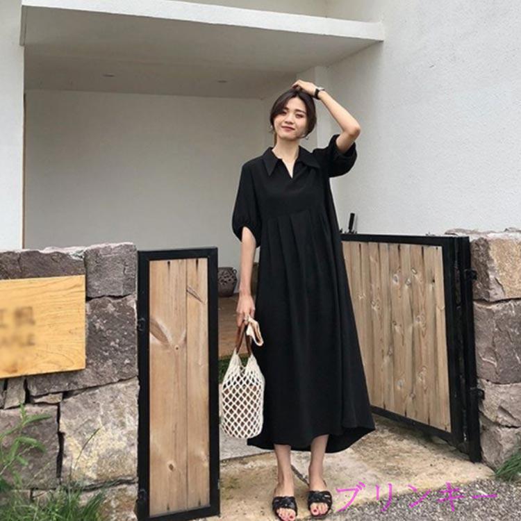 UNMINOU ブラックロングワンピース 半袖　襟付き 襟付き ワンピース 半袖 黒 体型カバー Aライン 冠婚葬祭 着痩せ