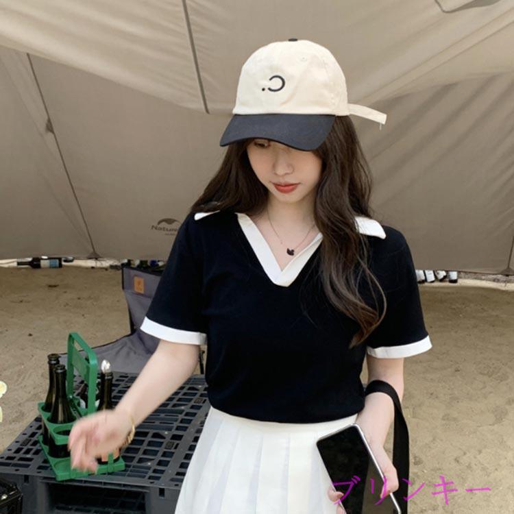 カットソー 襟付き スキッパー レディース 半袖Tシャツ タイト Vライン