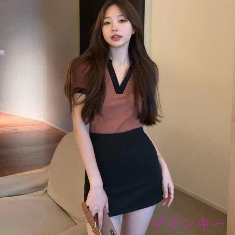 カットソー 襟付き スキッパー レディース 半袖Tシャツ タイト Vライン