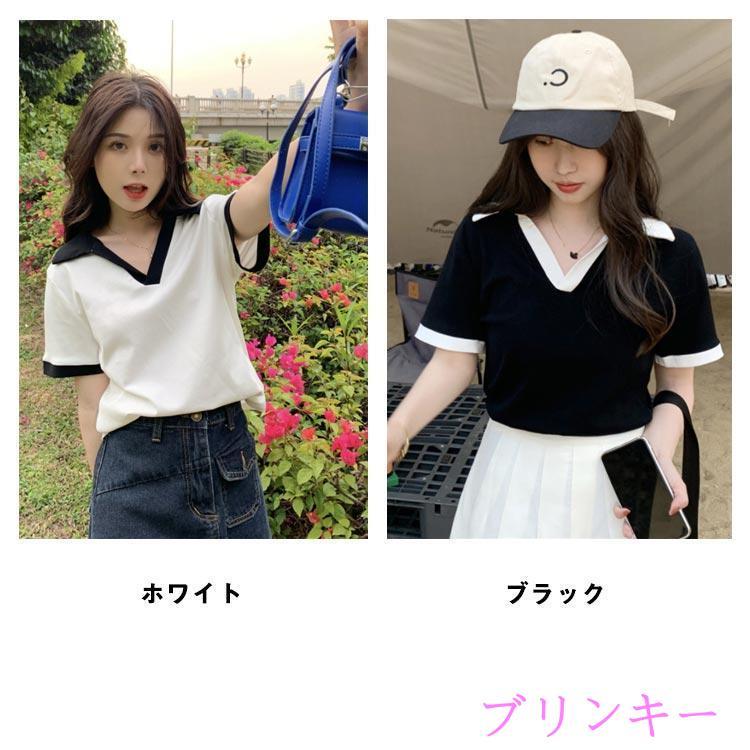 カットソー 襟付き スキッパー レディース 半袖Tシャツ タイト Vライン