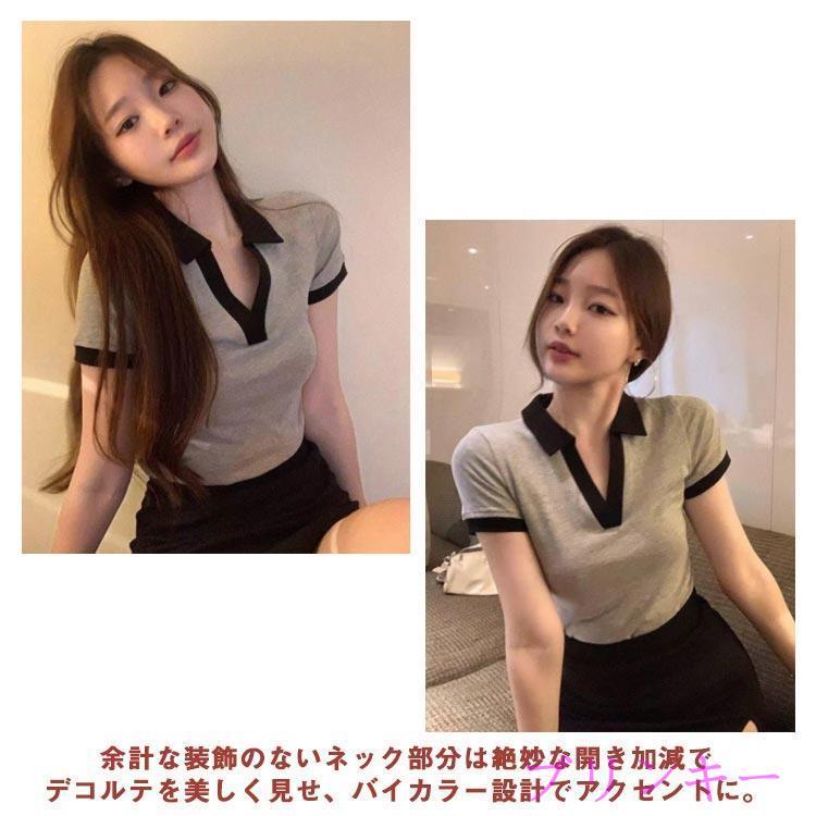 カットソー 襟付き スキッパー レディース 半袖Tシャツ タイト Vライン
