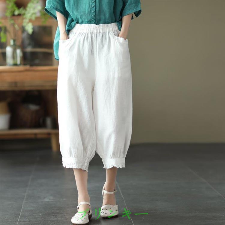 萌　MOYURU やわらかい綿　七分丈サルエルパンツ　ワイド　総柄　サイズM〜L サルエルパンツ カーブパンツ 低身長 7分丈 綿麻調 通気性 ボトム