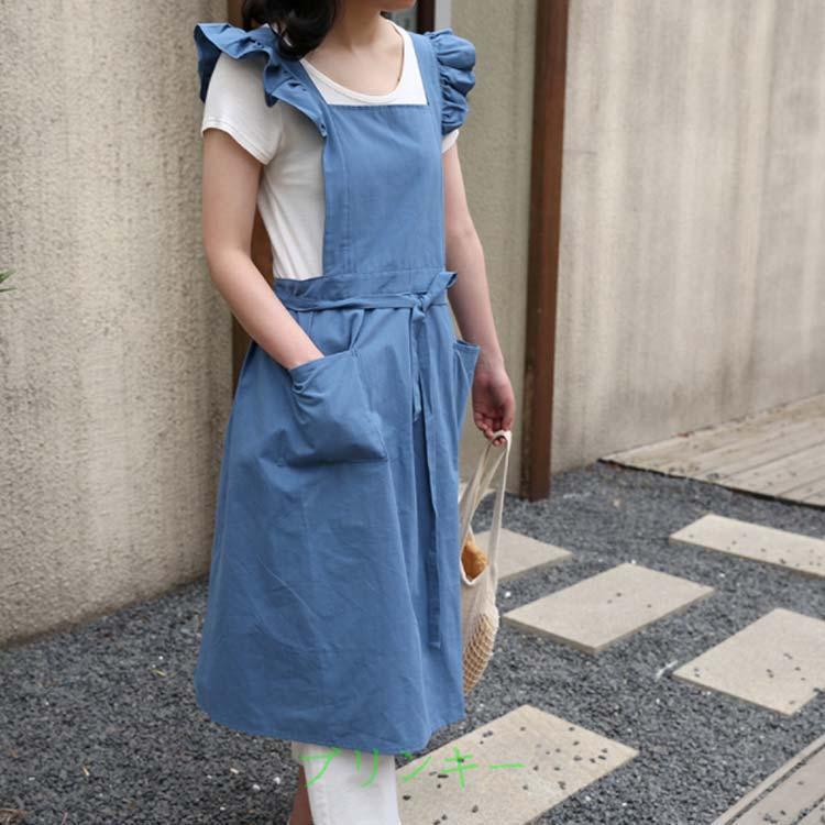 migiwa flower エプロンワンピース ワークドレス エプロン フリル ロング 肩 エプロンドレス 大人 上品 黒 冠婚葬祭