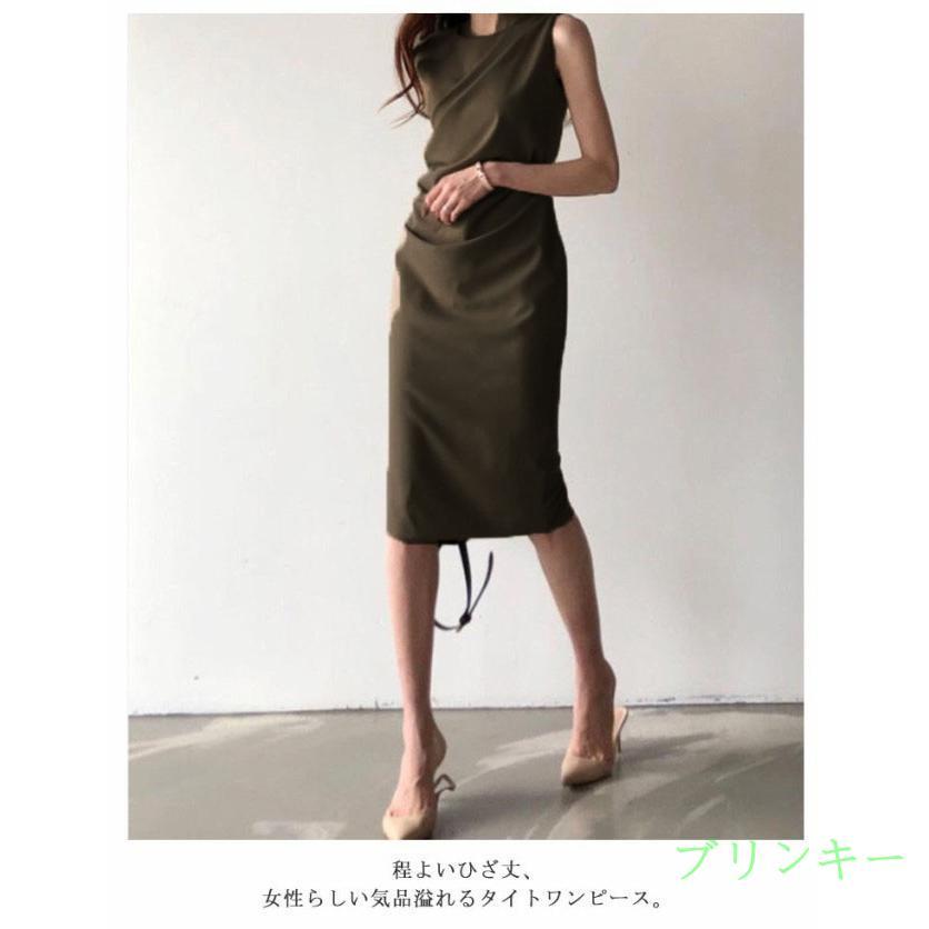 ワンピース タイト ノースリーブ 膝丈 細見え タック 体型カバー
