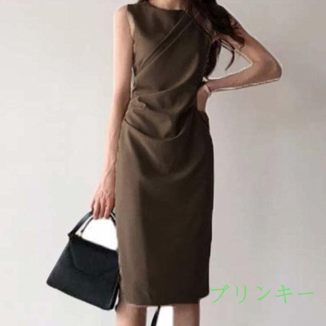 ワンピース タイト ノースリーブ 膝丈 細見え タック 体型カバー