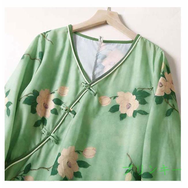 新品】中国風 緑色刺繍入り カシュクールロングワンピース 伝統工芸 横 