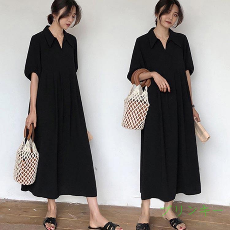 襟付き ワンピース 半袖 黒 体型カバー Aライン 冠婚葬祭 着痩せ