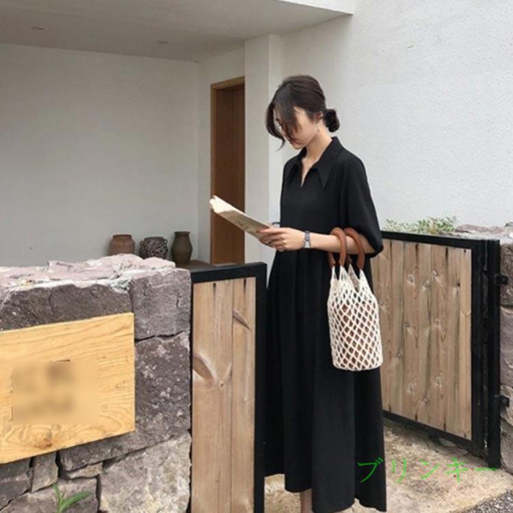 襟付き ワンピース 半袖 黒 体型カバー Aライン 冠婚葬祭 着痩せ