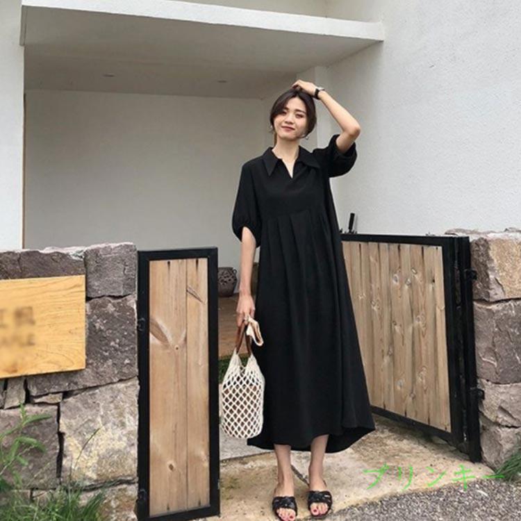 UNMINOU ブラックロングワンピース 半袖　襟付き 襟付き ワンピース 半袖 黒 体型カバー Aライン 冠婚葬祭 着痩せ