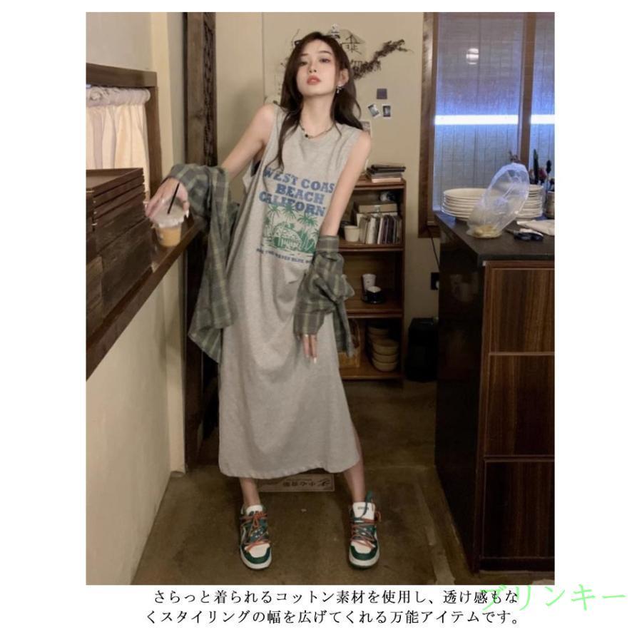 ロングワンピ ノースリーブ トップス タンクトップ Tシャツ ワンピース