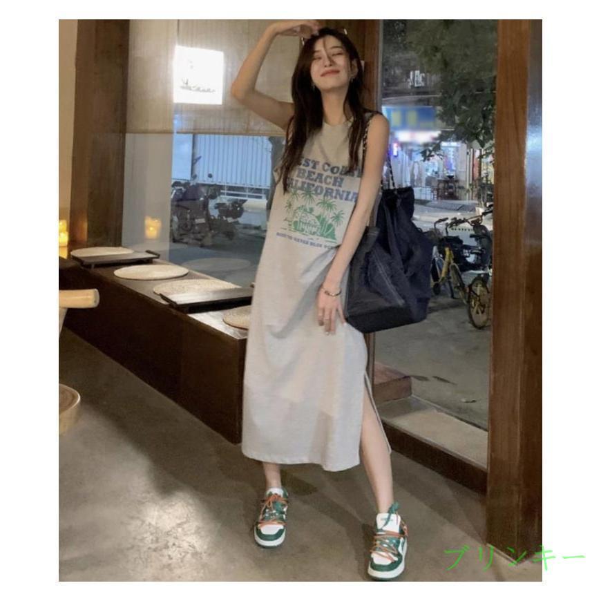 ロングワンピ ノースリーブ トップス タンクトップ Tシャツ ワンピース