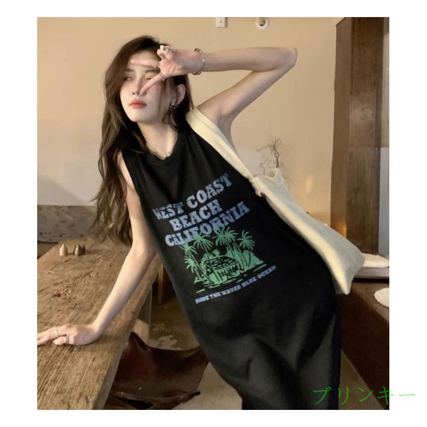 ロングワンピ ノースリーブ トップス タンクトップ Tシャツ ワンピース