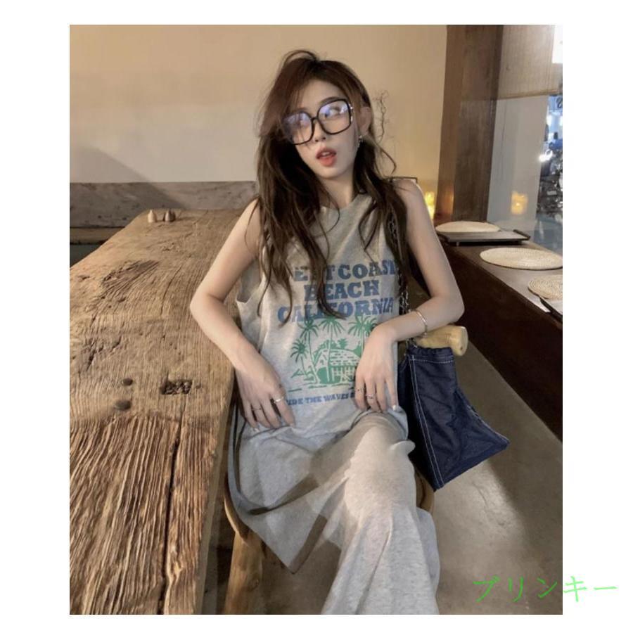 ロングワンピ ノースリーブ トップス タンクトップ Tシャツ ワンピース