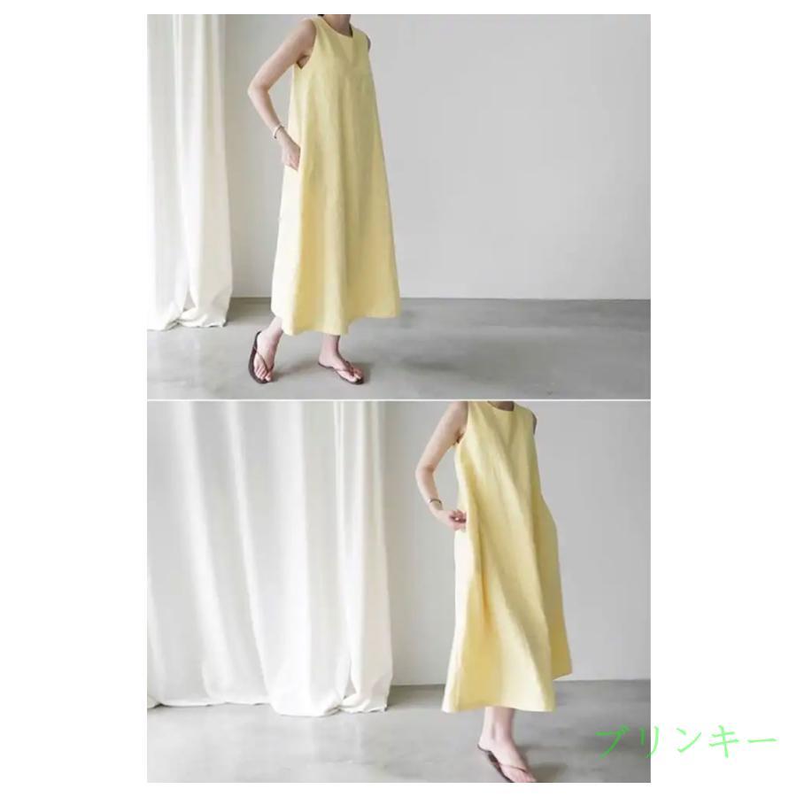 袖なし マキシ丈 夏 イエロー マキシワンピース 綿麻ワンピース リネン